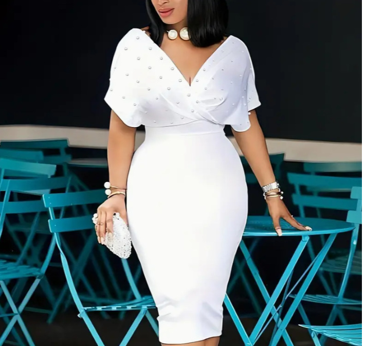 European and American fashion Women's solid color strapless V-neck half sleeved back zipper bubble bead dress