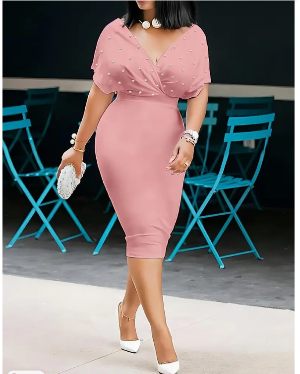 European and American fashion Women's solid color strapless V-neck half sleeved back zipper bubble bead dress