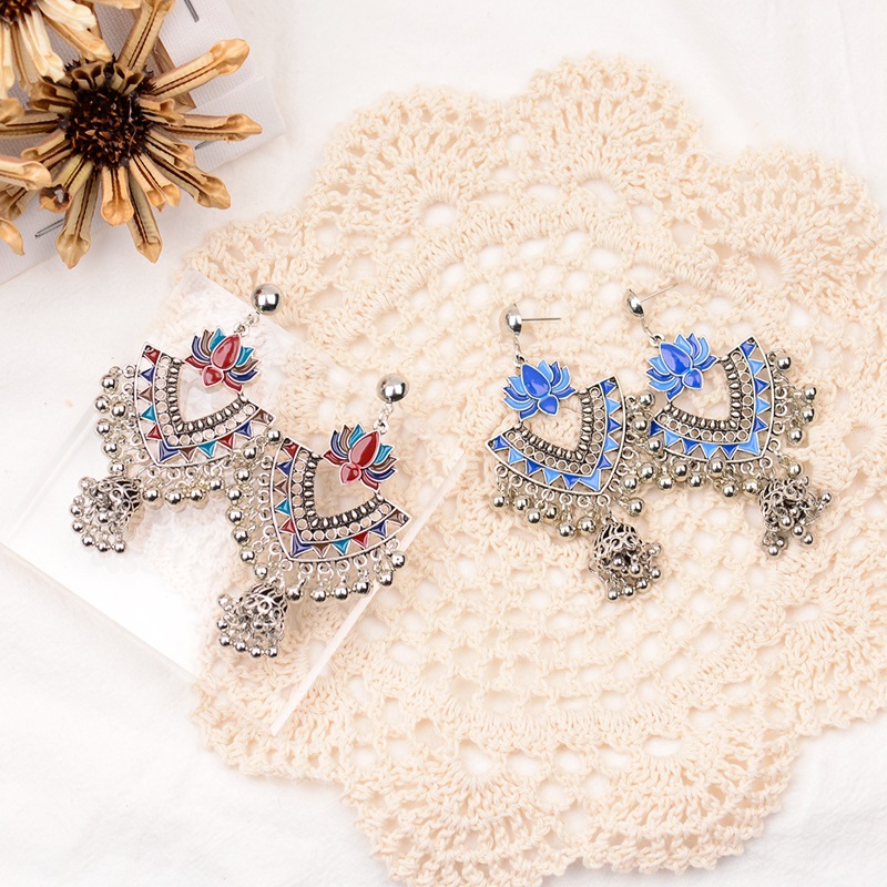 Egypt Vintage Green Lotus Jhumka Bells Tassel Earrings For Women Turkish Tribal Gypsy Triangle Indian Jewelry