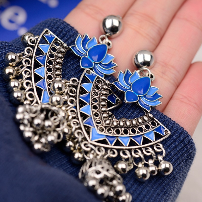 Egypt Vintage Green Lotus Jhumka Bells Tassel Earrings For Women Turkish Tribal Gypsy Triangle Indian Jewelry