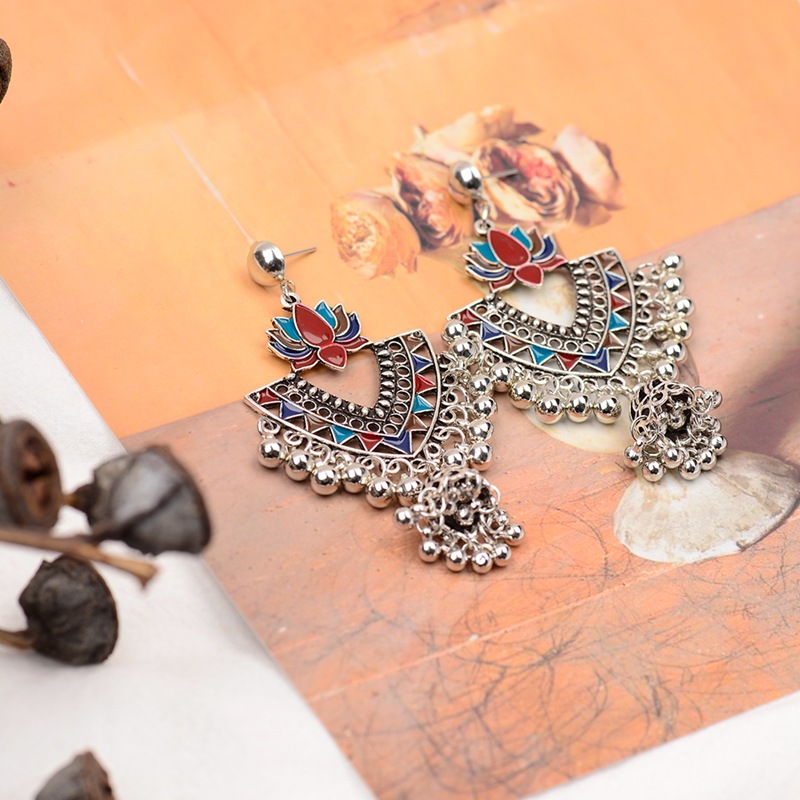Egypt Vintage Green Lotus Jhumka Bells Tassel Earrings For Women Turkish Tribal Gypsy Triangle Indian Jewelry