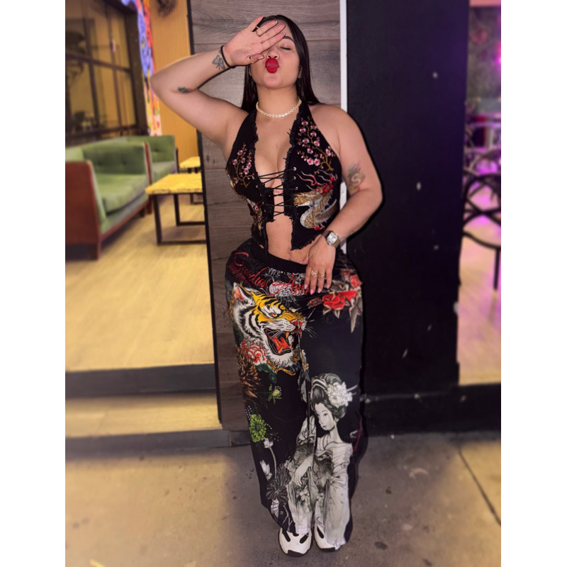 Free delivery of high-quality 2026 new summer women's clothing hot selling strap hanging neck top+wide leg pants two-piece set