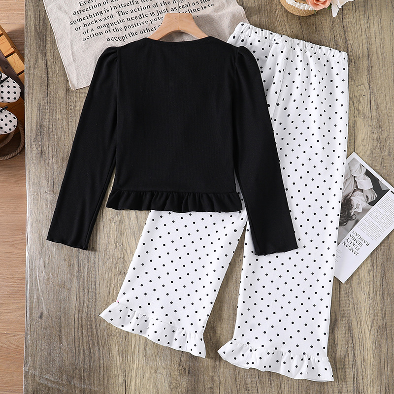 8-12Y Girl's outfit Fashionable Children's Polka Dot Spliced Bow Lace Top Trousers two-piece Set