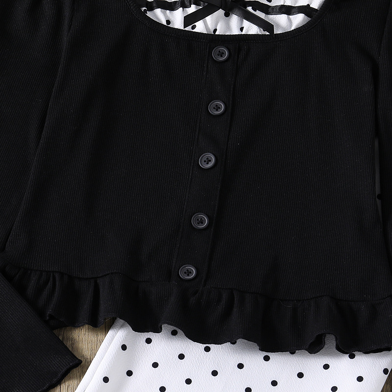8-12Y Girl's outfit Fashionable Children's Polka Dot Spliced Bow Lace Top Trousers two-piece Set