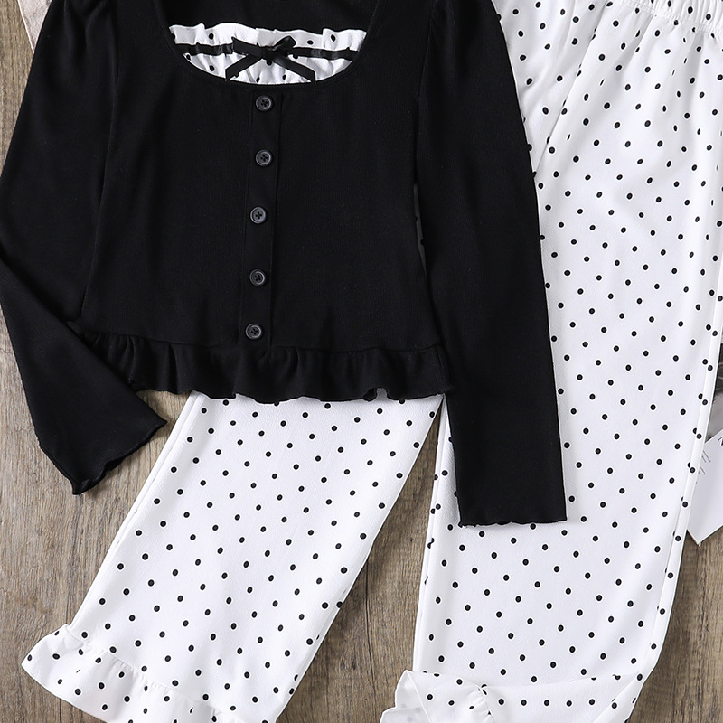 8-12Y Girl's outfit Fashionable Children's Polka Dot Spliced Bow Lace Top Trousers two-piece Set