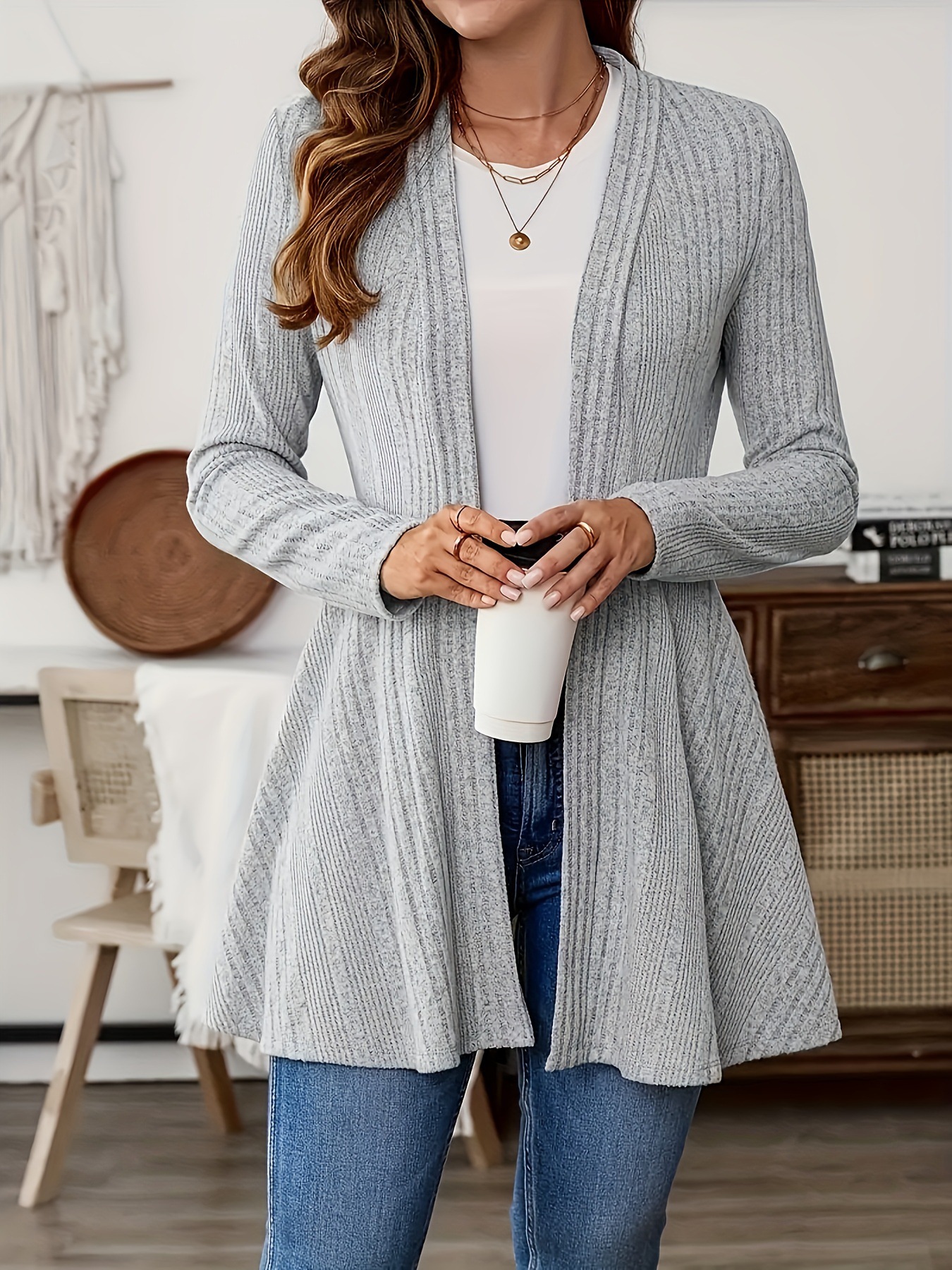 Casual Knitted Cardigan Fleece Brushed Striped Open Front Long Sleeve Comfortable Leisure Women's Top for Autumn Season