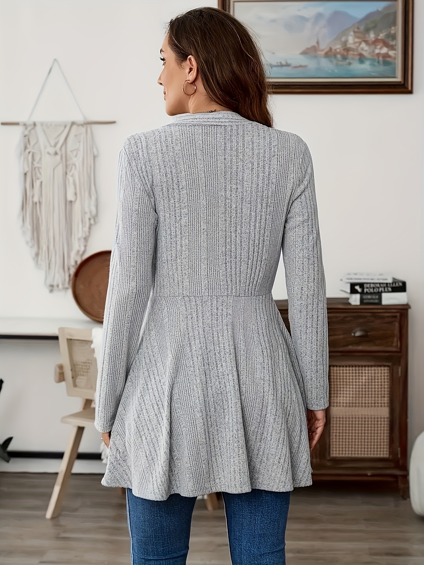 Casual Knitted Cardigan Fleece Brushed Striped Open Front Long Sleeve Comfortable Leisure Women's Top for Autumn Season