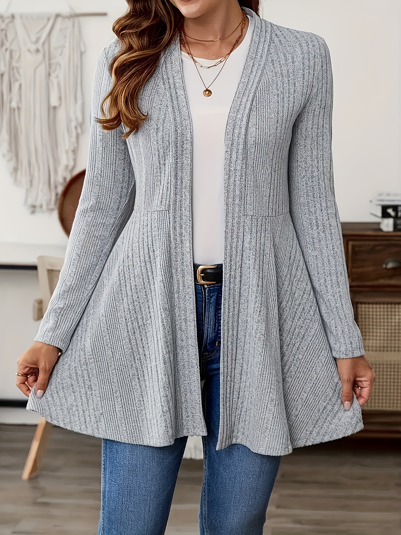 Casual Knitted Cardigan Fleece Brushed Striped Open Front Long Sleeve Comfortable Leisure Women's Top for Autumn Season
