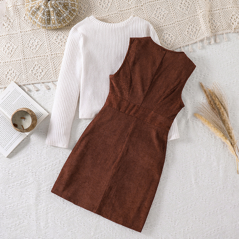 Autumn New 8-12Y Girls' round neck knitted long sleeved shirt Corduroy vest skirt two-piece set