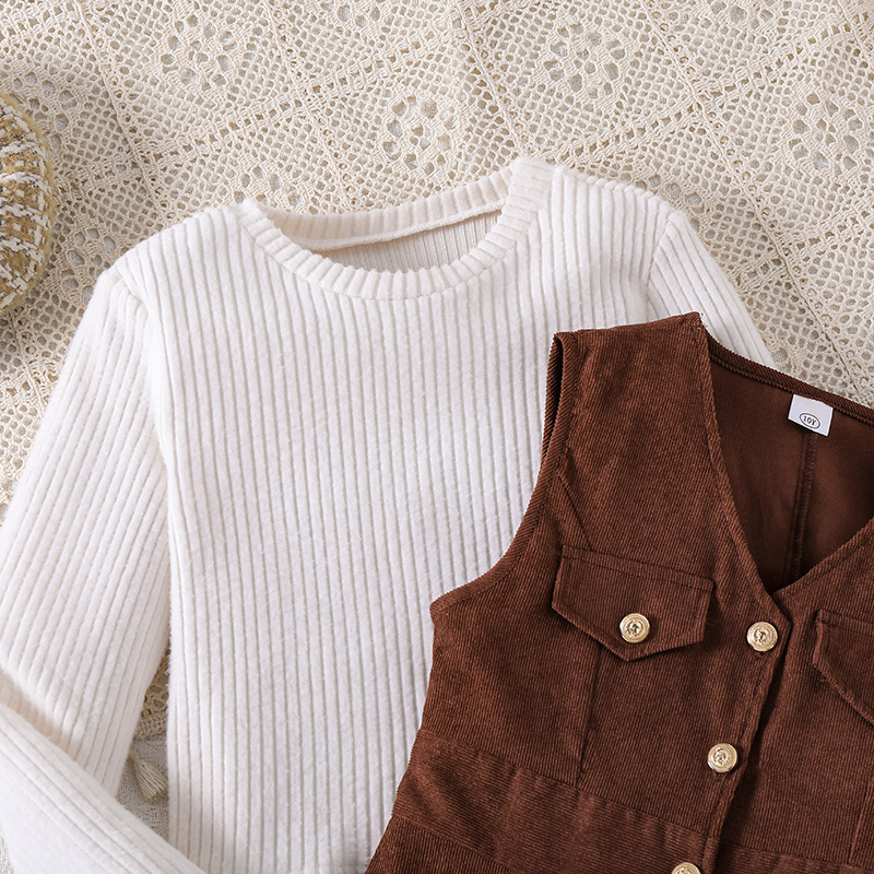 Autumn New 8-12Y Girls' round neck knitted long sleeved shirt Corduroy vest skirt two-piece set