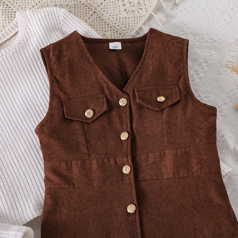 Autumn New 8-12Y Girls' round neck knitted long sleeved shirt Corduroy vest skirt two-piece set