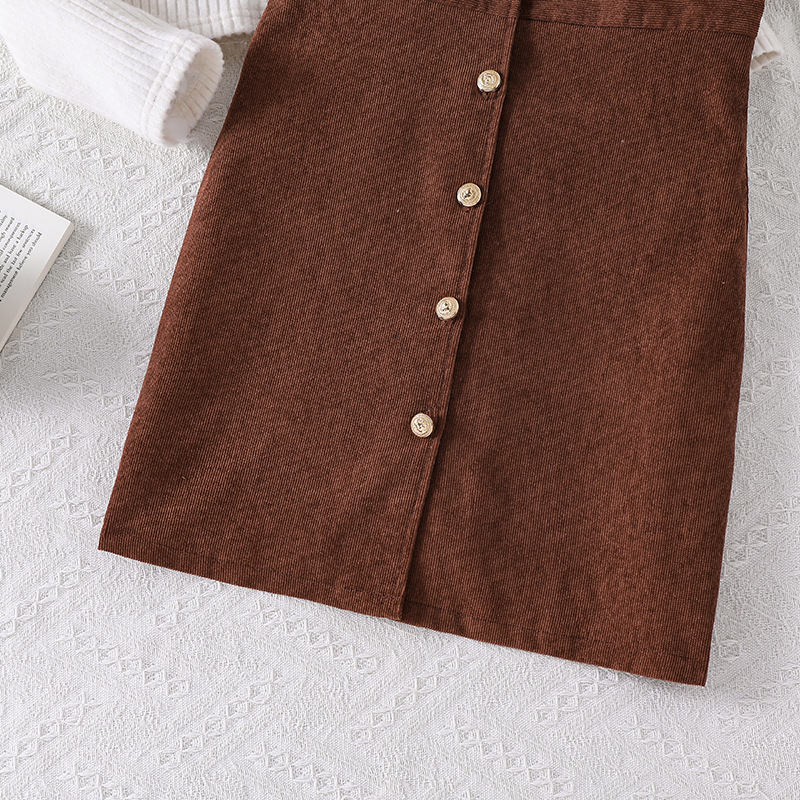 Autumn New 8-12Y Girls' round neck knitted long sleeved shirt Corduroy vest skirt two-piece set