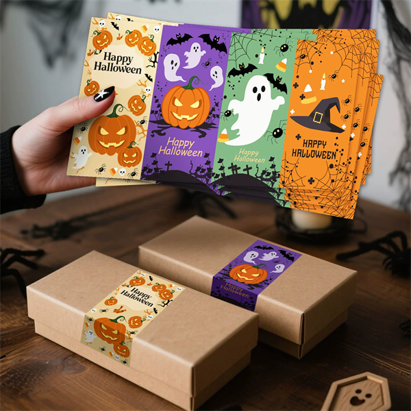 12pcs/packHalloween gift box decorative seal stickers with pumpkin, ghost, bat, spider web patterns, gift candy box packaging ad