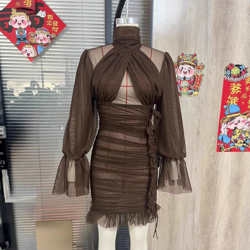Free delivery of high-quality 2026 new summer women's clothing hot selling V-neck long sleeved shirt skirt chiffon short skirt