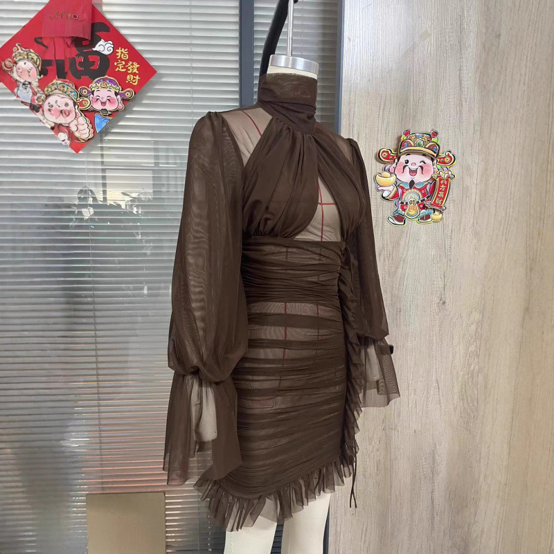 Free delivery of high-quality 2026 new summer women's clothing hot selling V-neck long sleeved shirt skirt chiffon short skirt