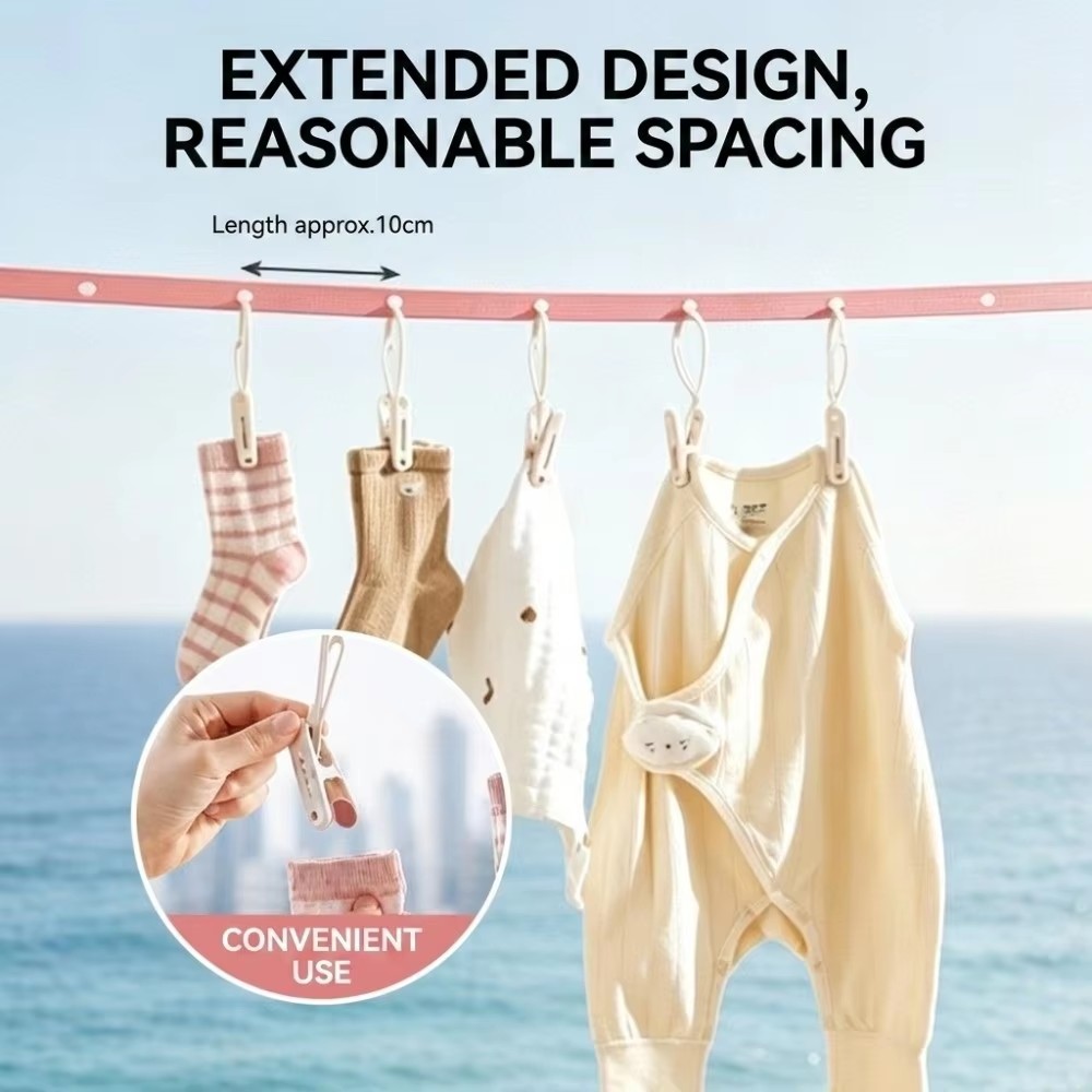 Windproof Outdoor Clothesline with 6 Clips Non-Slip Multifunctional Portable Storage Lanyard Space-saving Adjustable