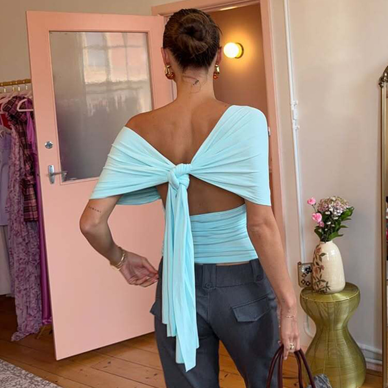 Free delivery of high-quality 2026 new summer women's clothing hot selling deep V-neck backless strap short sleeved top