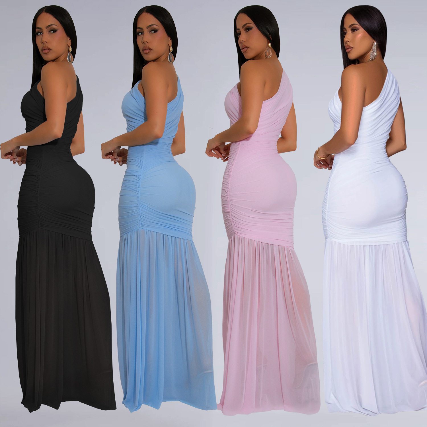 Women Sleeveless Oblique Shoulder Mesh Ruched Long Maxi Dress 2025 Streetwear Evening Birthday Sexy Party Dresses Vestidos