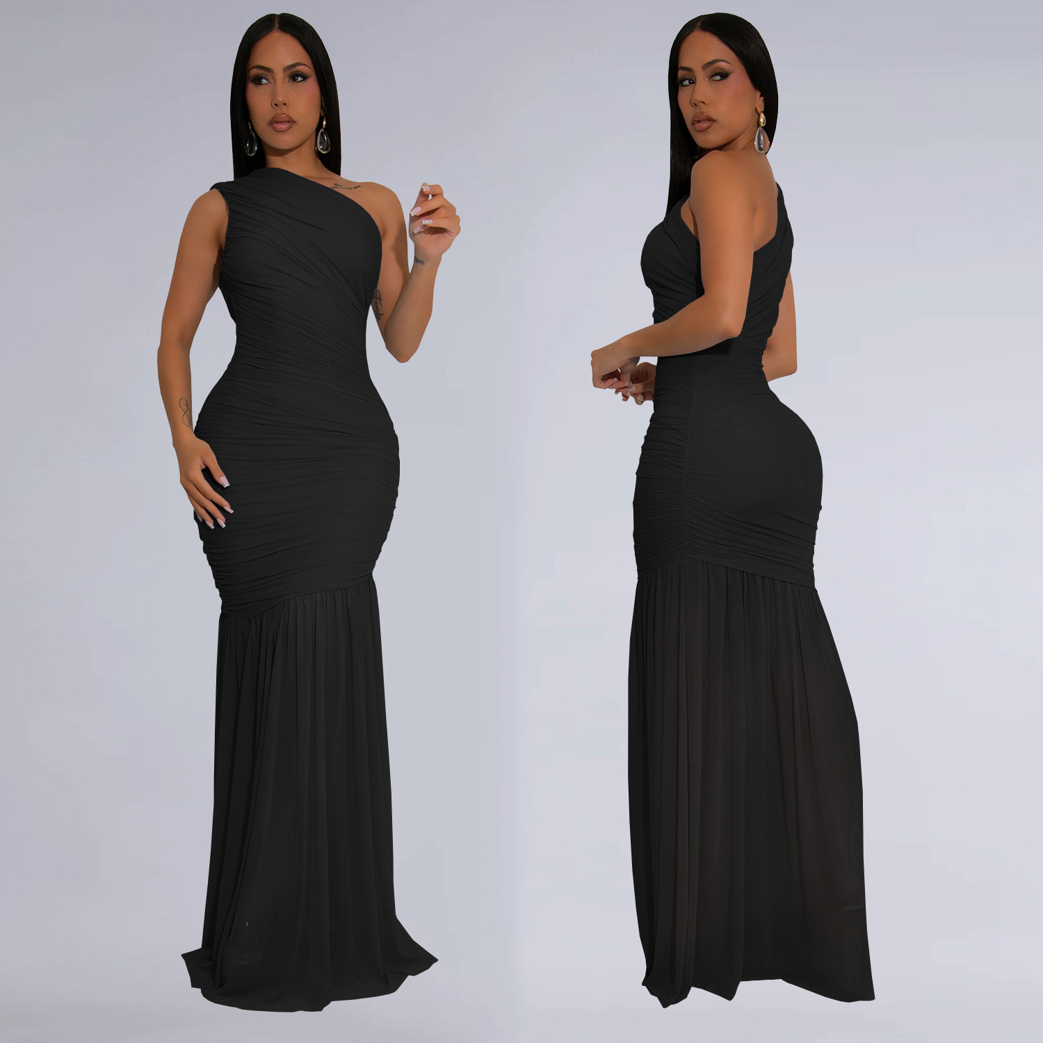 Women Sleeveless Oblique Shoulder Mesh Ruched Long Maxi Dress 2025 Streetwear Evening Birthday Sexy Party Dresses Vestidos