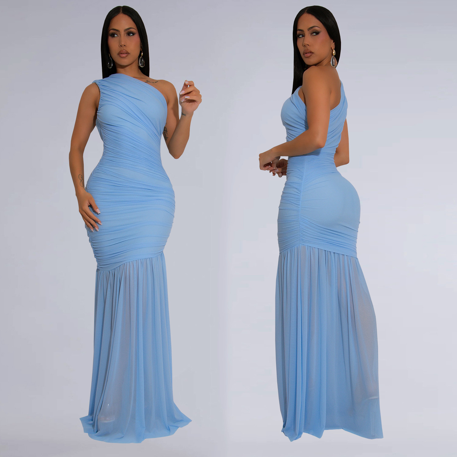 Women Sleeveless Oblique Shoulder Mesh Ruched Long Maxi Dress 2025 Streetwear Evening Birthday Sexy Party Dresses Vestidos