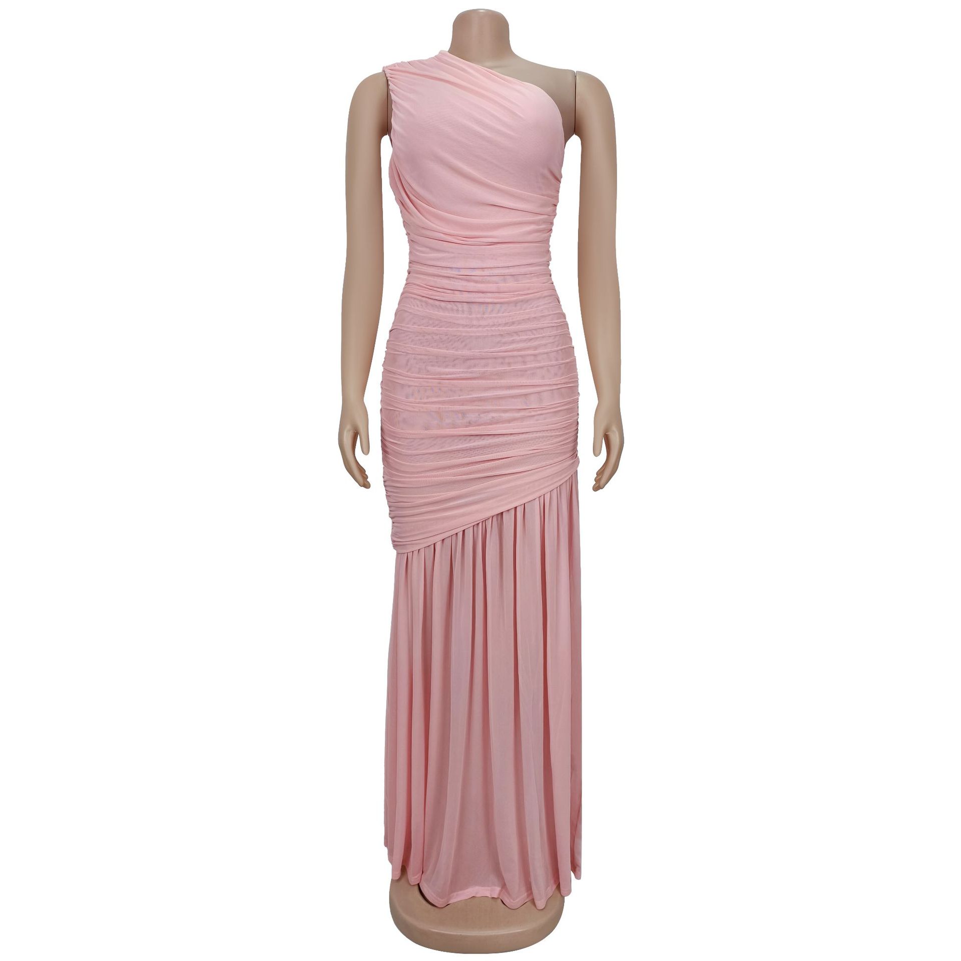 Women Sleeveless Oblique Shoulder Mesh Ruched Long Maxi Dress 2025 Streetwear Evening Birthday Sexy Party Dresses Vestidos