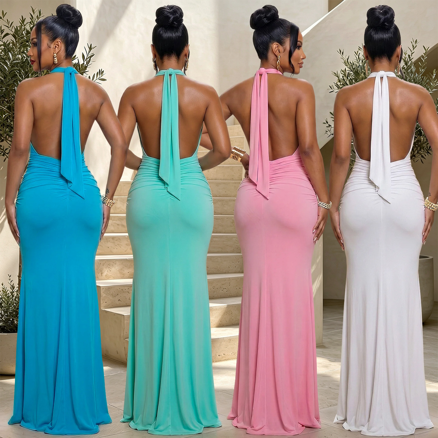 Deep V Neck Gown Elegant Evening Dress Fish Tail Silken Fabric Party Dress with Pleats Slim Fit for Banquet And Celebration