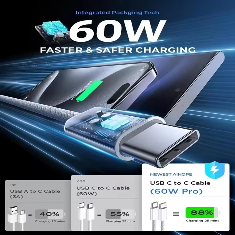 PD 60W Dual USB-C Fast Charging Braided Cable For iPhone 15 16 17Pro Max 15 Plus Type C to Type C Quick Charger Cable With Box