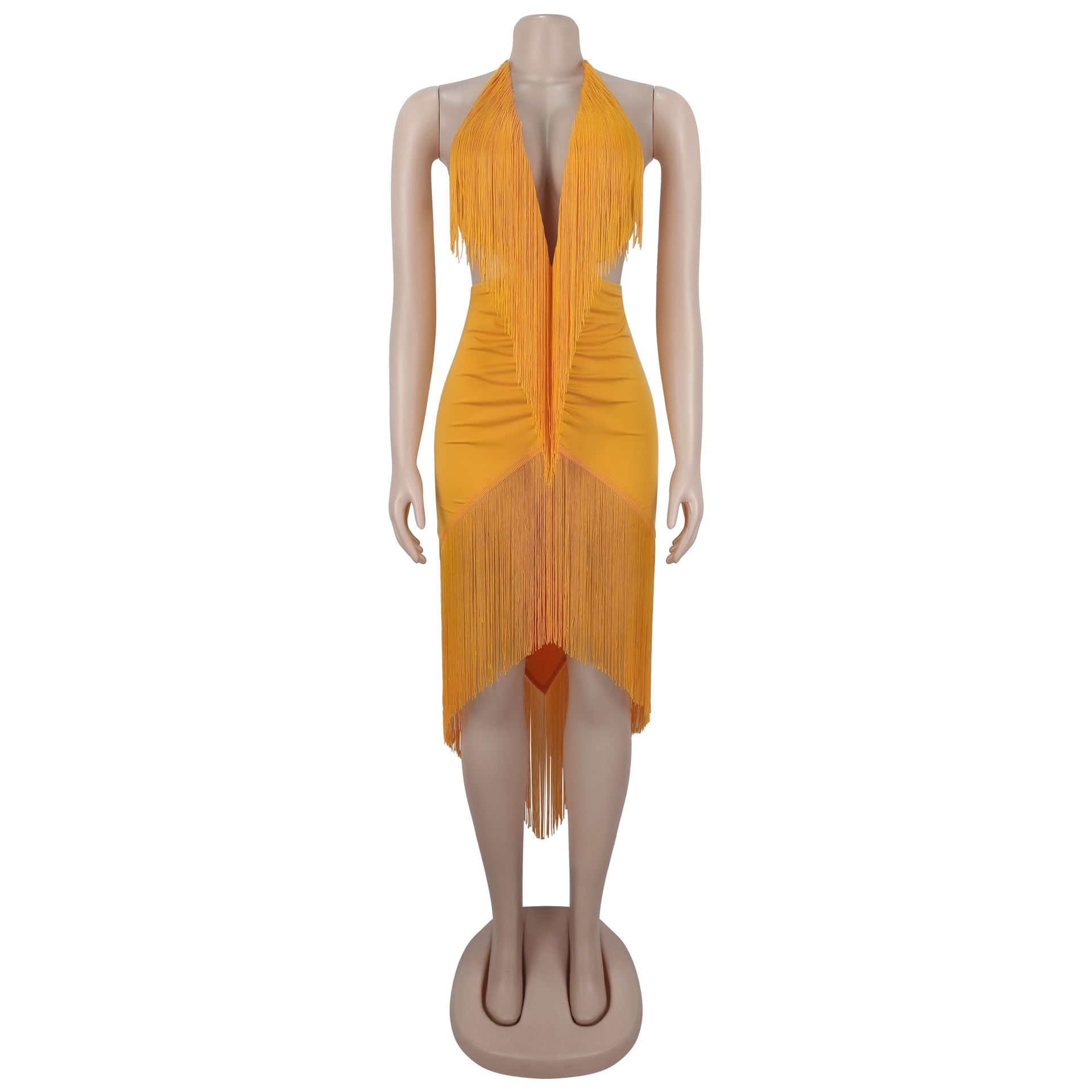 Sexy Halter Deep V Fringe Golden Dress Women Backless Tie Up Asymmetrical Hem Bodycon Party Dress Beach Holiday Clubwear