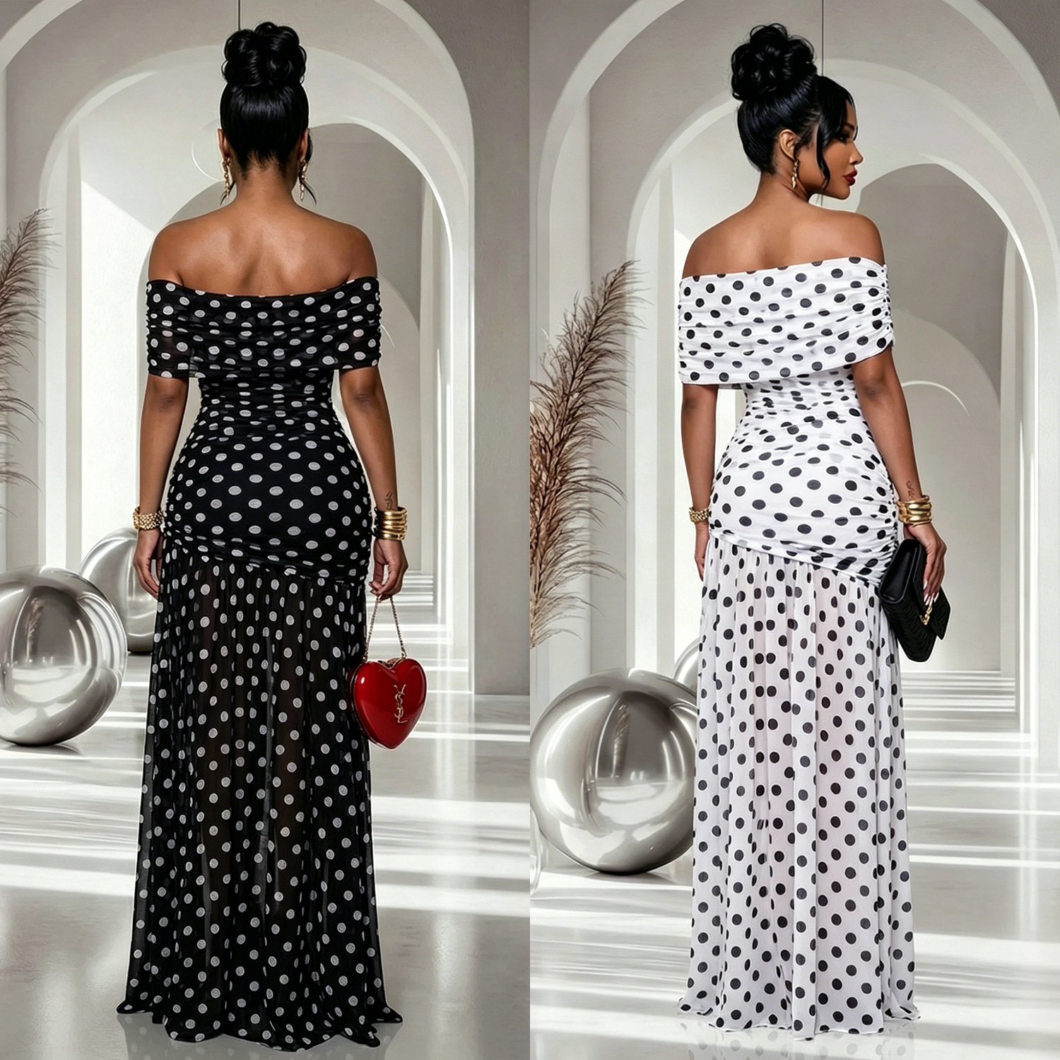 Polka Dot Off Shoulder Maxi Dresses Women Sexy Mesh Patchwork Strapless Ruched High Split Bodycon Dress Party Clubwear