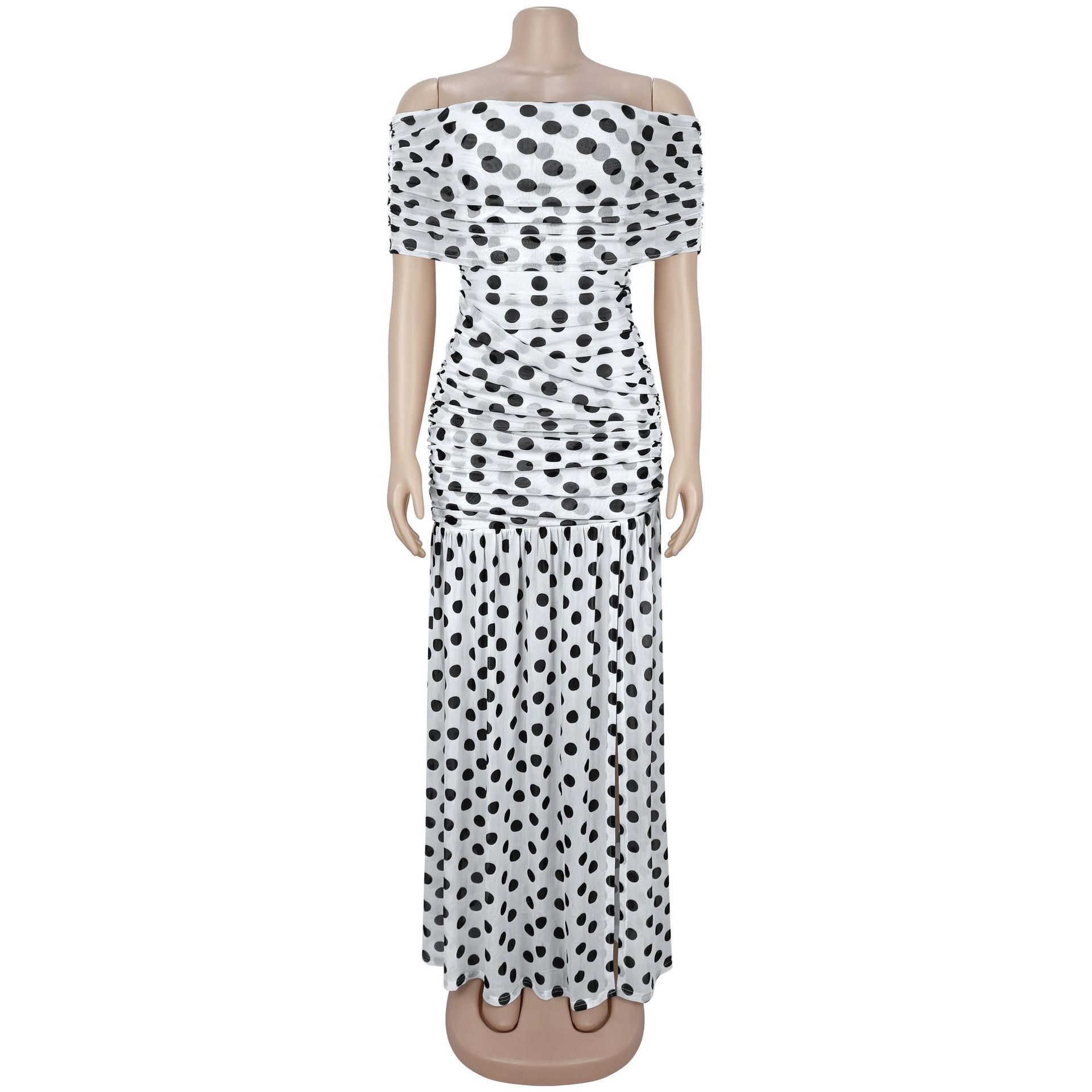 Polka Dot Off Shoulder Maxi Dresses Women Sexy Mesh Patchwork Strapless Ruched High Split Bodycon Dress Party Clubwear