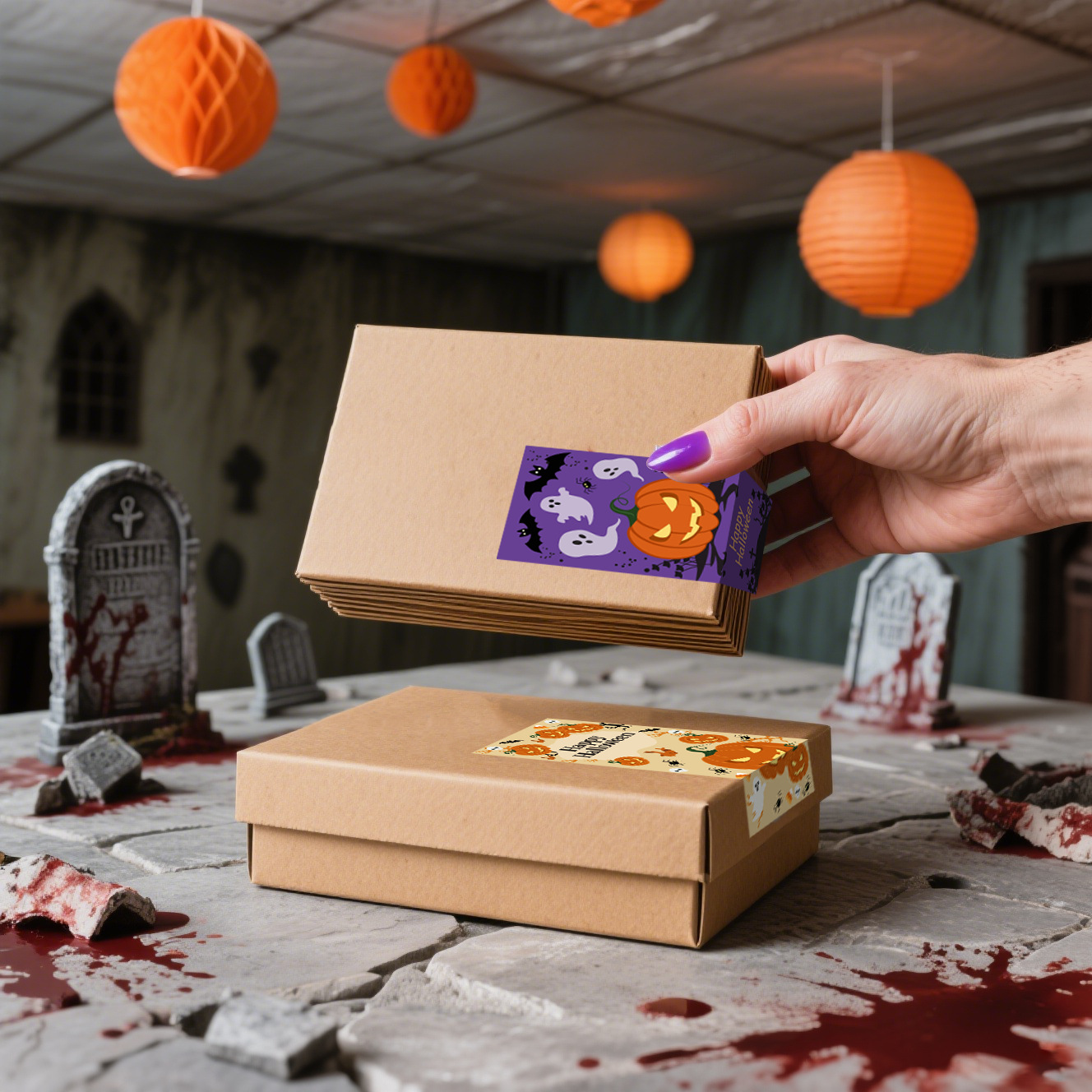 12pcs/packHalloween gift box decorative seal stickers with pumpkin, ghost, bat, spider web patterns, gift candy box packaging ad