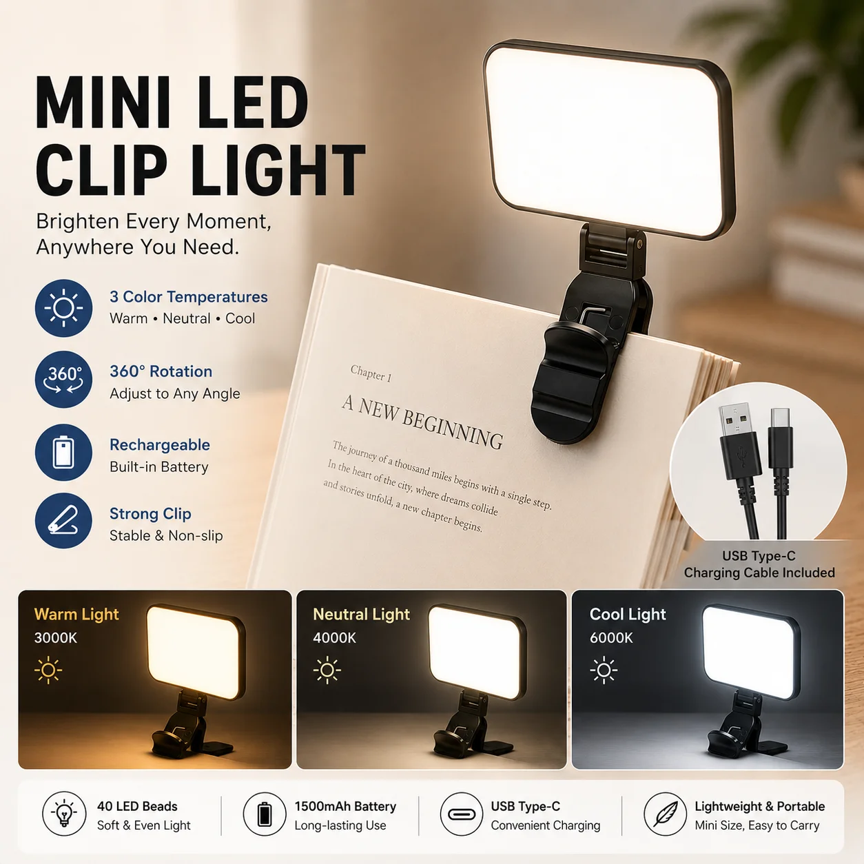 With Data Cable Mini Selfie Fill Light Rechargeable 3 Color Modes Adjustable Brightness Clip Mobile Phones Computers Photography
