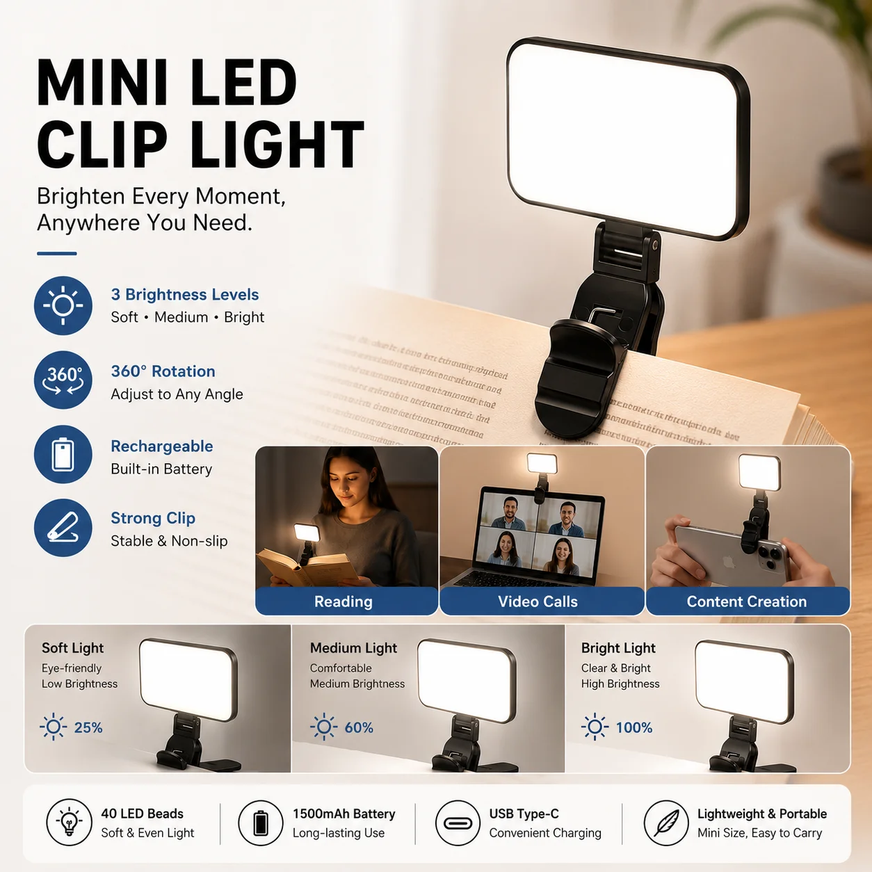 With Data Cable Mini Selfie Fill Light Rechargeable 3 Color Modes Adjustable Brightness Clip Mobile Phones Computers Photography