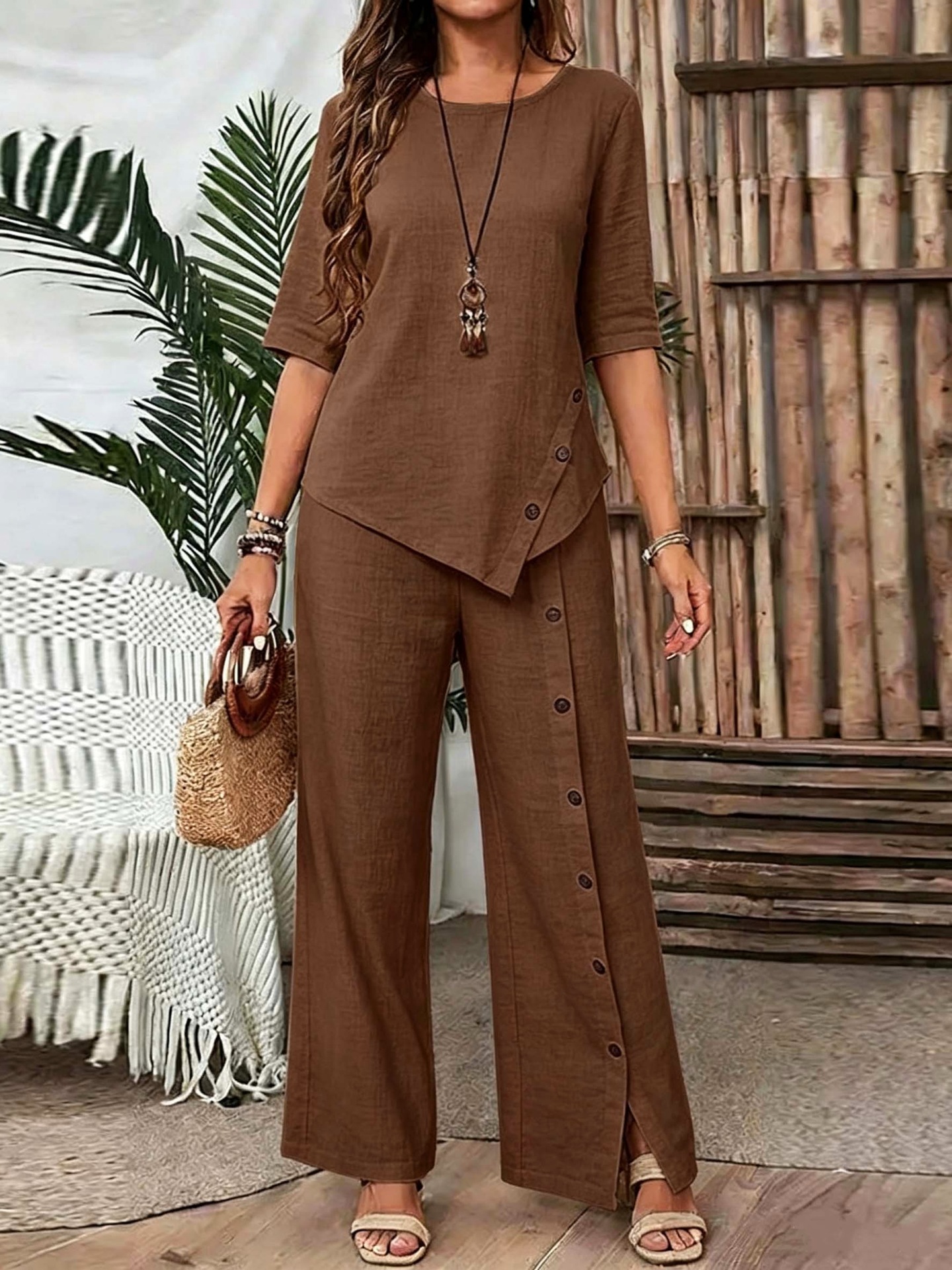 Women's irregular hem pantsuit, elegant and stylish casual button-up blouse with loose two-piece set