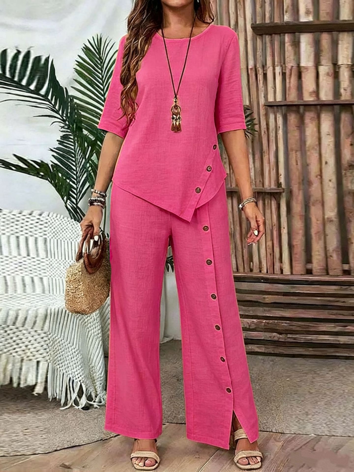 Women's irregular hem pantsuit, elegant and stylish casual button-up blouse with loose two-piece set