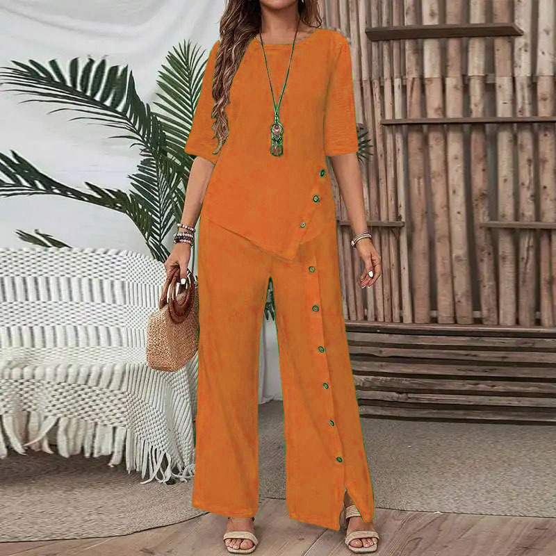 Women's irregular hem pantsuit, elegant and stylish casual button-up blouse with loose two-piece set