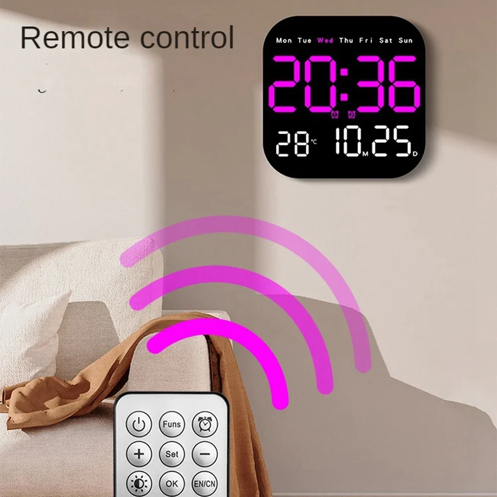 Digital Wall Clocks Temperature Date Week Dispaly Electronic Table Clock 12/24H Wall-mounted LED Alarm Clock Remote Control