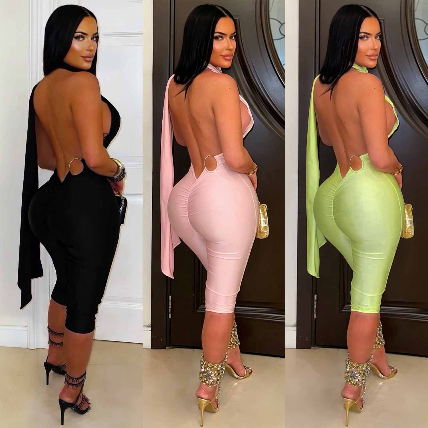 Sexy Backless Ruched Halter Neck Tie Solid Slim Fit Capris Jumpsuit Women Fashion Overalls Playsuits Beach Vacation Clubwear