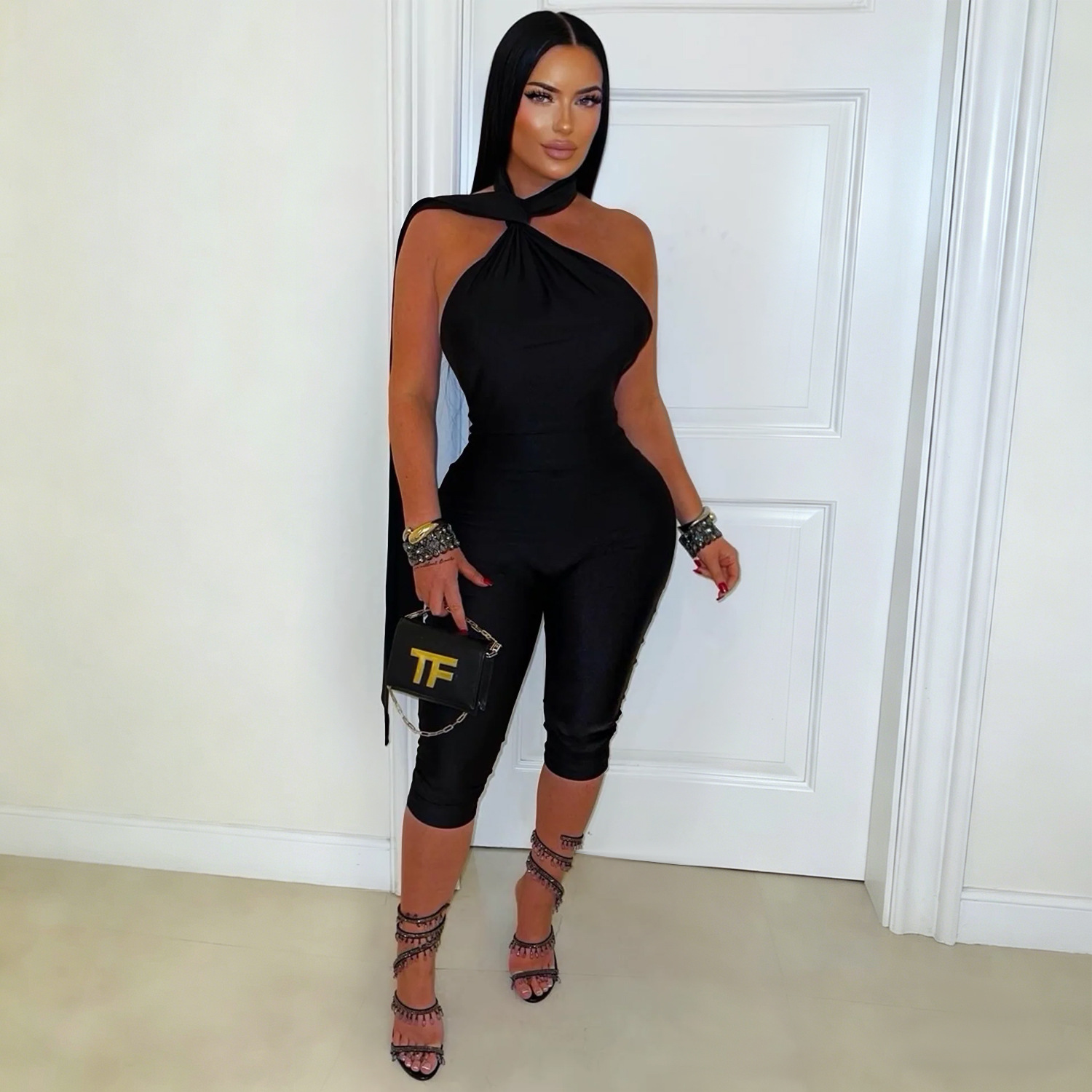 Sexy Backless Ruched Halter Neck Tie Solid Slim Fit Capris Jumpsuit Women Fashion Overalls Playsuits Beach Vacation Clubwear