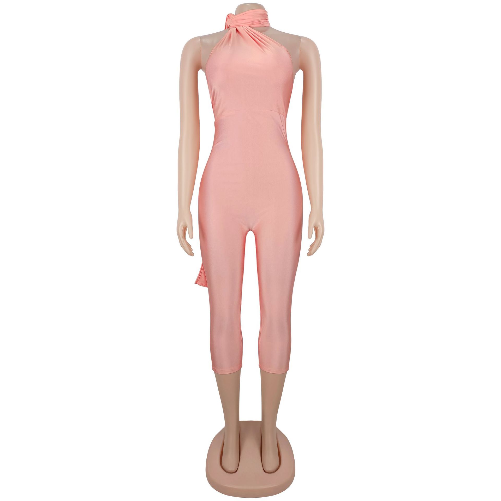 Sexy Backless Ruched Halter Neck Tie Solid Slim Fit Capris Jumpsuit Women Fashion Overalls Playsuits Beach Vacation Clubwear