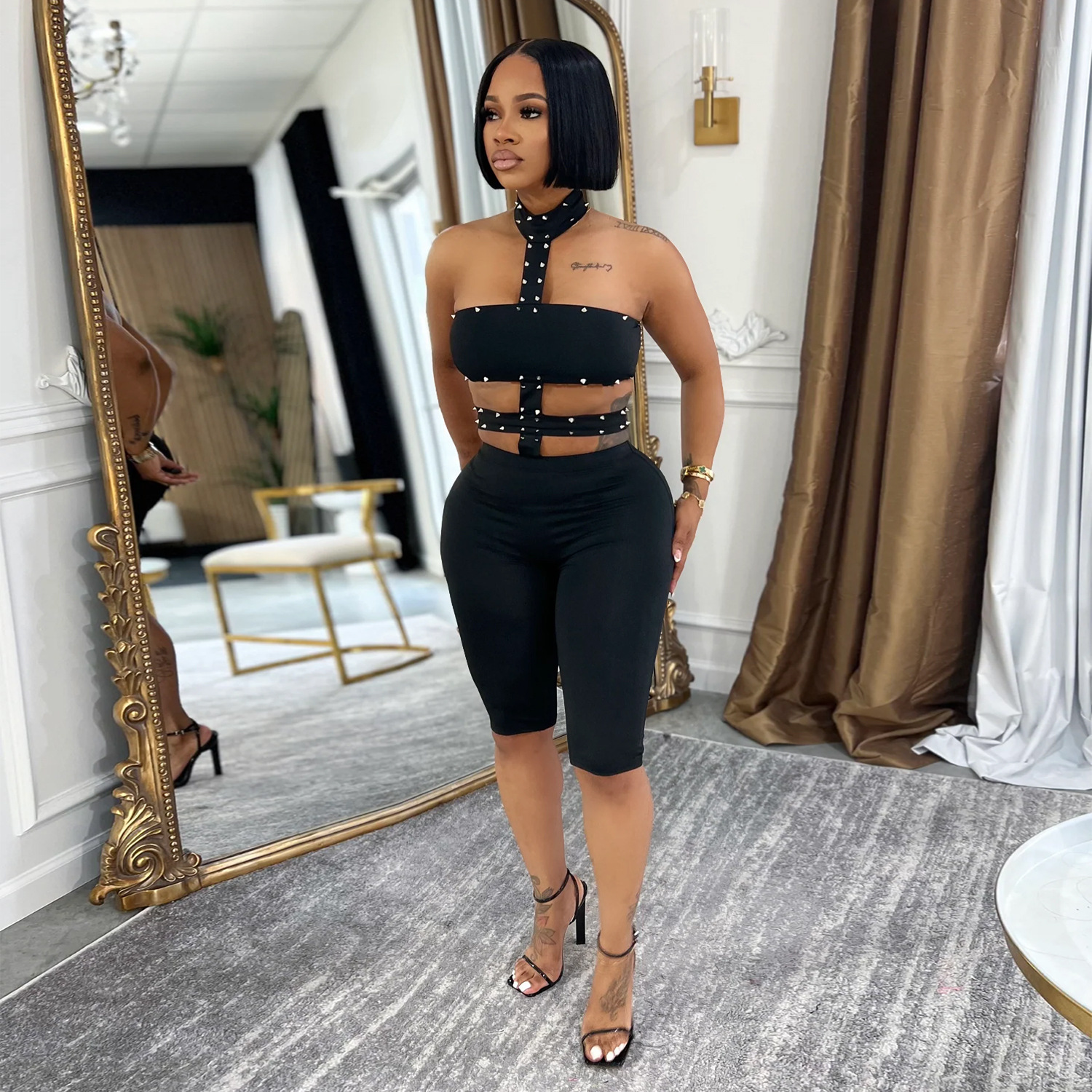 Sexy Halter Backless Rompers for Woman Jumpsuits Short Rave Festival Clothing Skinny Beading Club Party Bandage Bodycon Playsuit