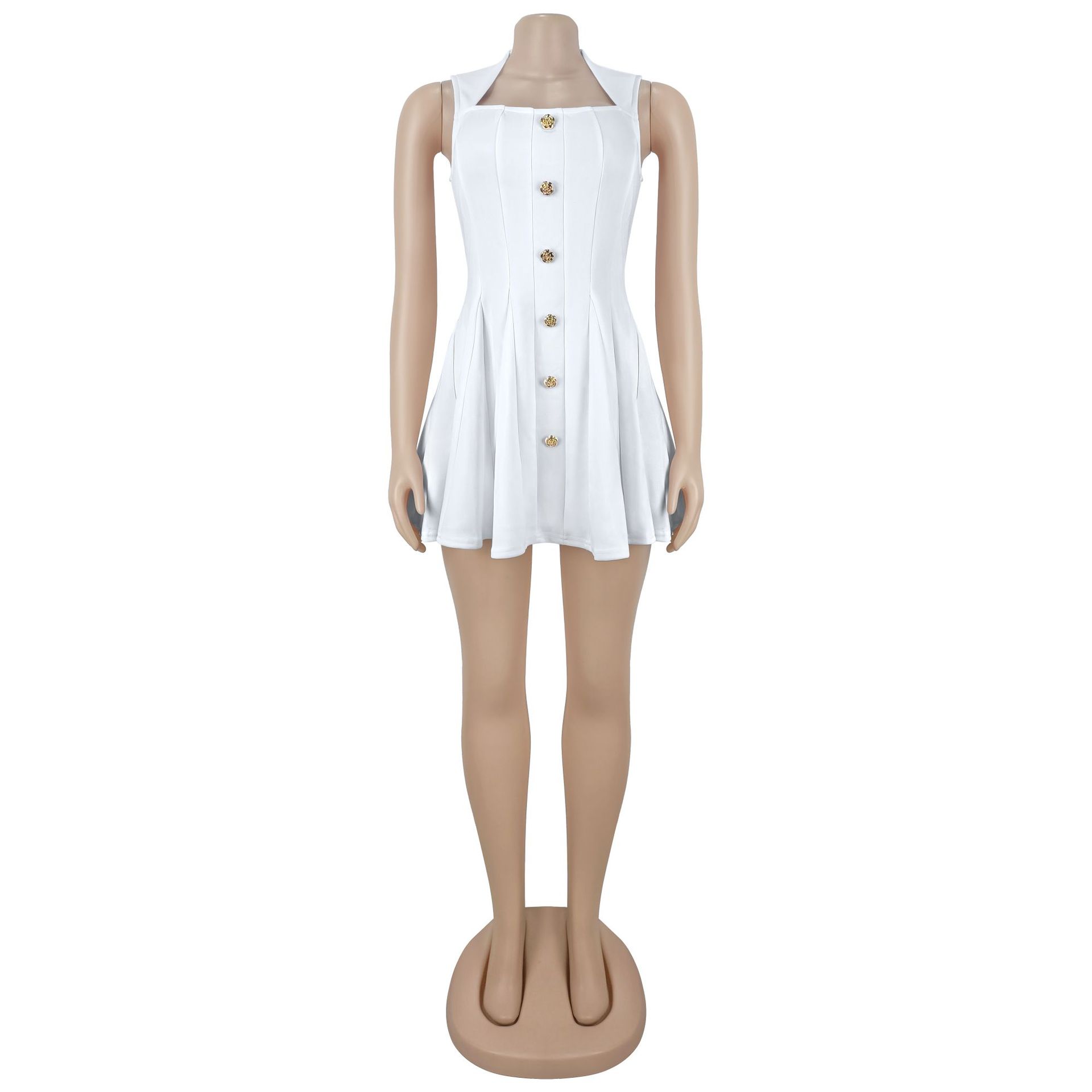 Elegant White Square Neck Mini Dress Women Fashion Gold Buttons Pleated A-Line Party Dress Runway Party Club Outfits