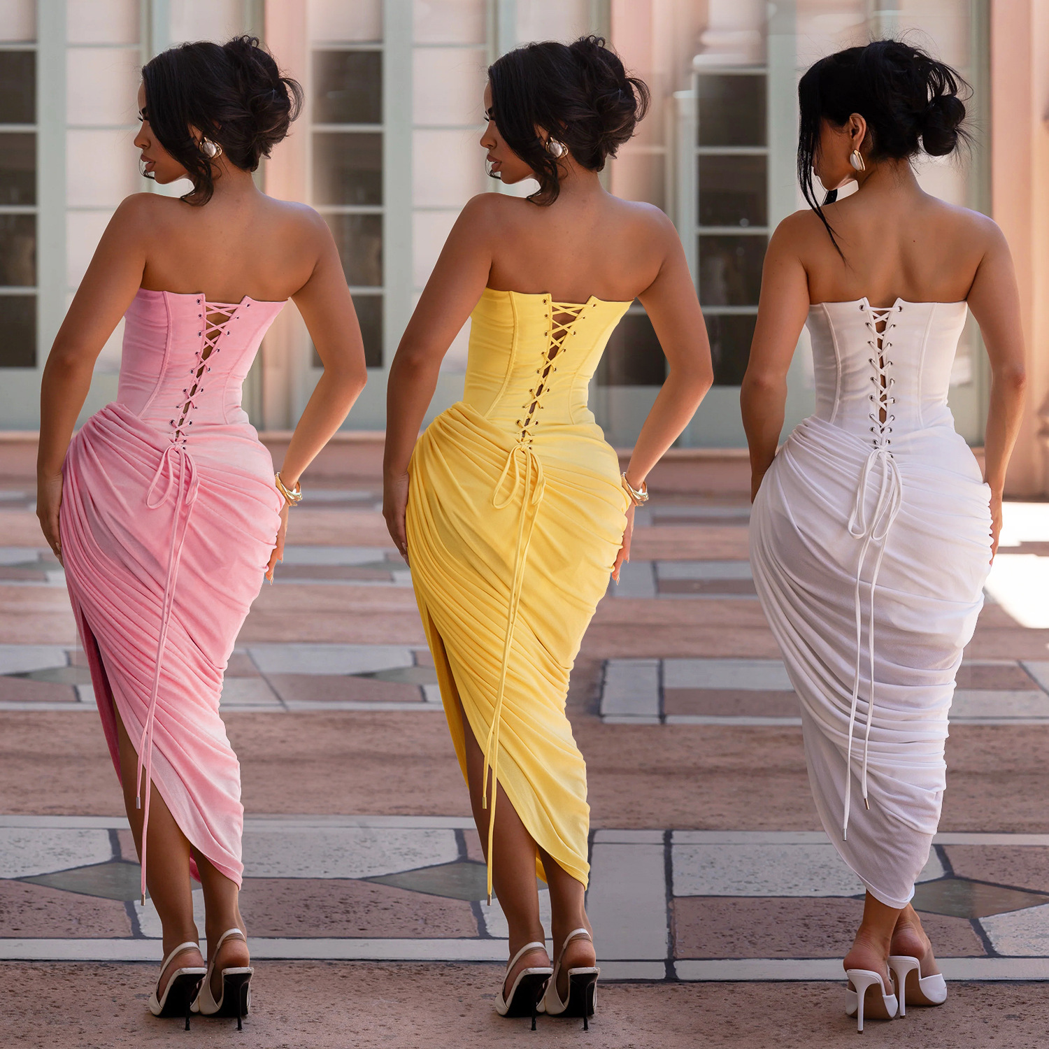 Women Sexy Off Shoulder Strapless Dress Ruched Slim Fit Bodycon Dress Back Tie Elegant Club Party Dress