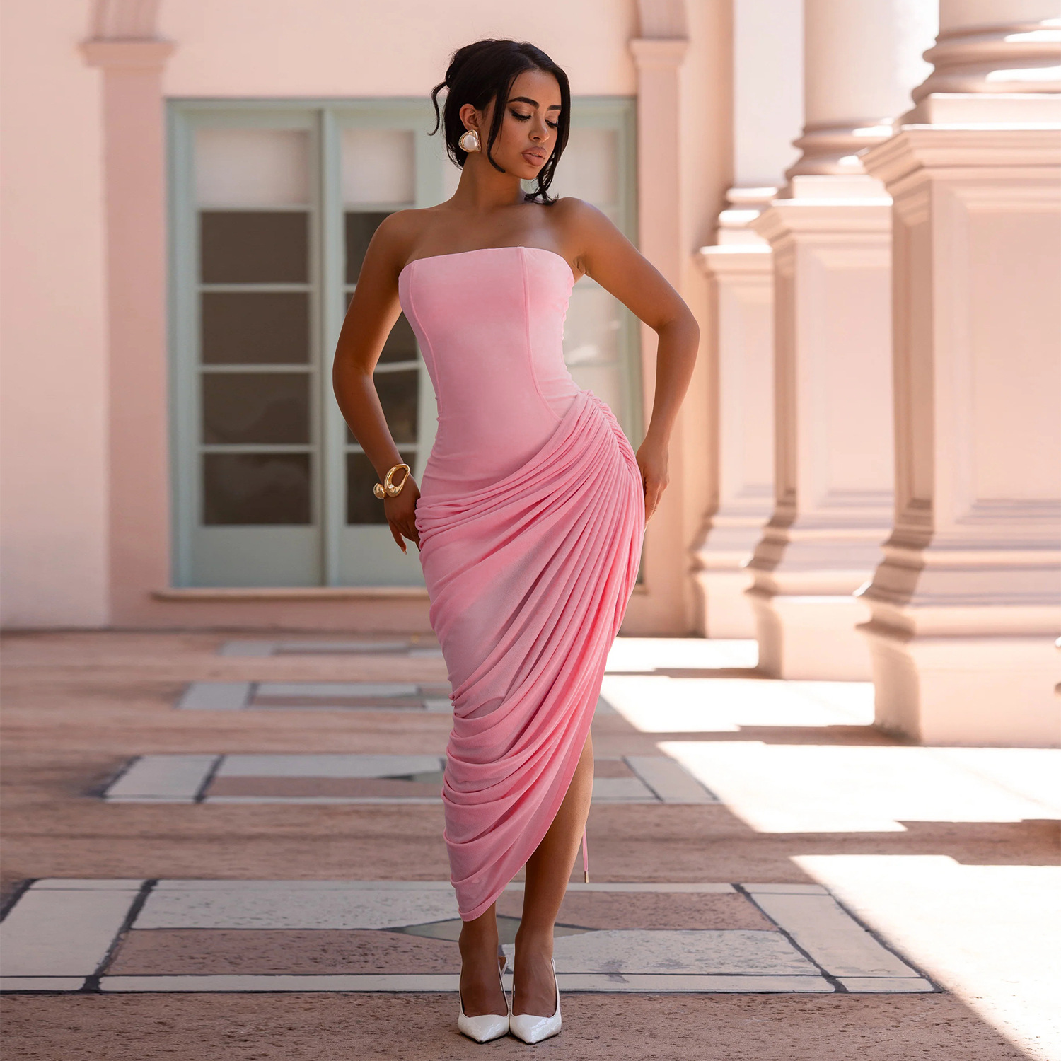 Women Sexy Off Shoulder Strapless Dress Ruched Slim Fit Bodycon Dress Back Tie Elegant Club Party Dress