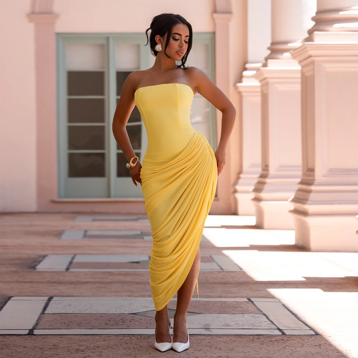 Women Sexy Off Shoulder Strapless Dress Ruched Slim Fit Bodycon Dress Back Tie Elegant Club Party Dress