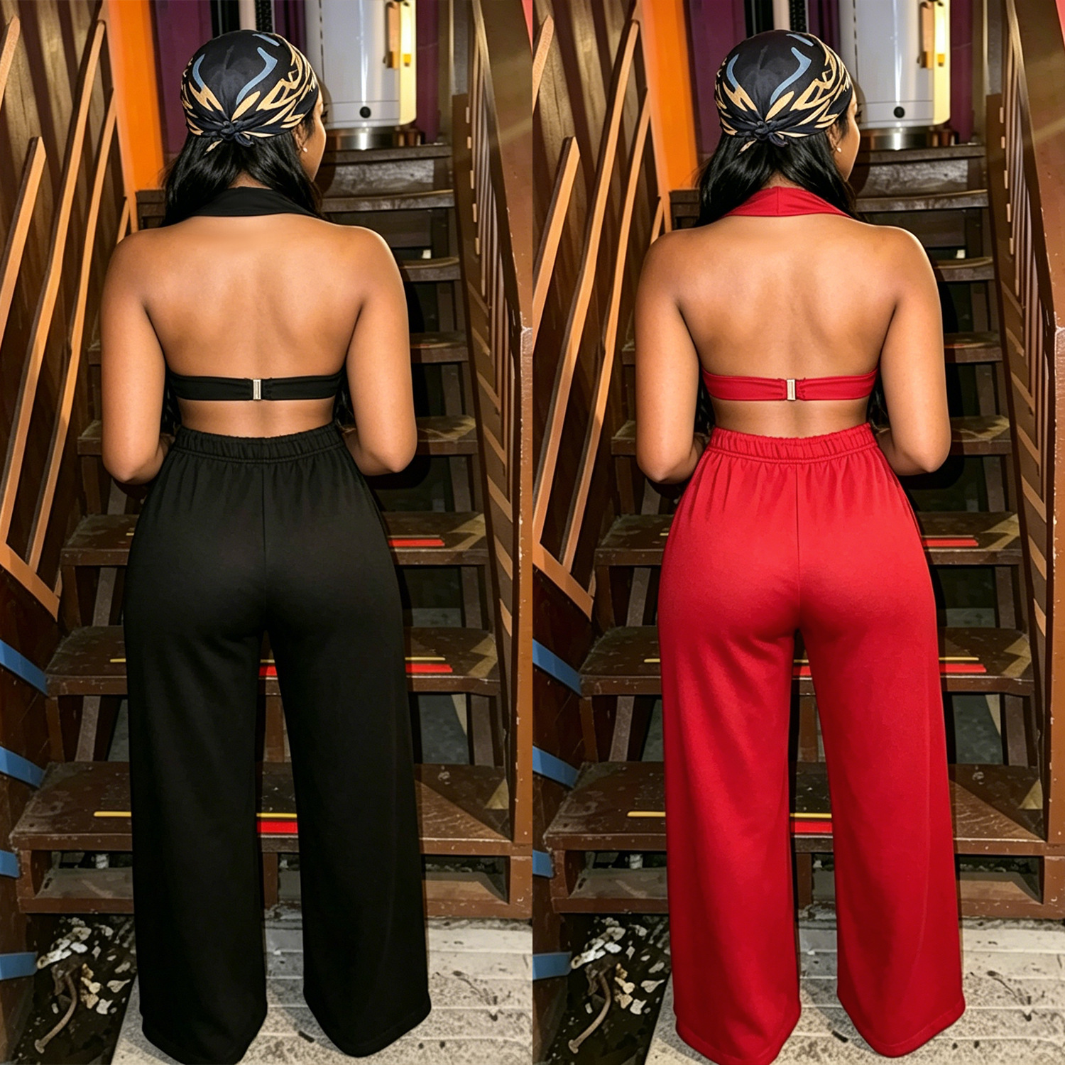 Streetwear Two Piece Set Womens Matching Sets Hollow Out Halter V-neck Backless Crop Top and Wide Leg Pant Club Outfits
