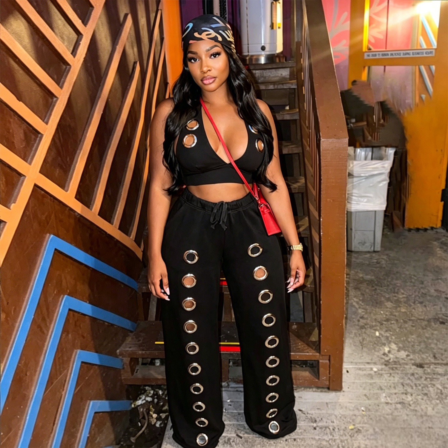 Streetwear Two Piece Set Womens Matching Sets Hollow Out Halter V-neck Backless Crop Top and Wide Leg Pant Club Outfits
