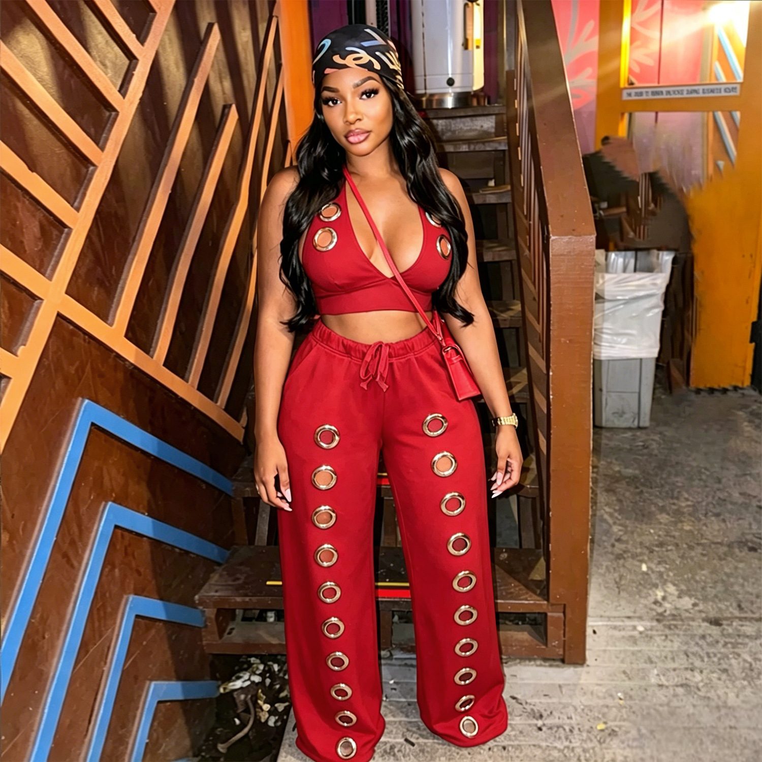 Streetwear Two Piece Set Womens Matching Sets Hollow Out Halter V-neck Backless Crop Top and Wide Leg Pant Club Outfits