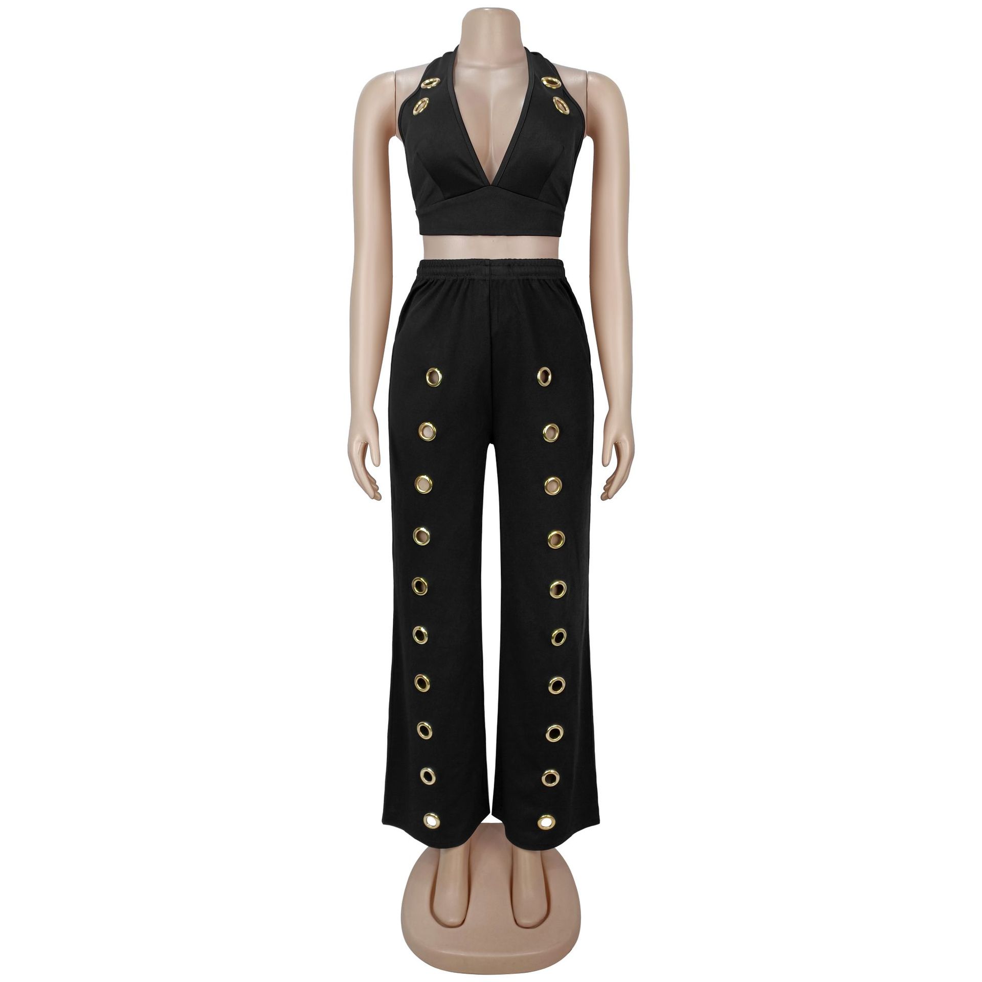 Streetwear Two Piece Set Womens Matching Sets Hollow Out Halter V-neck Backless Crop Top and Wide Leg Pant Club Outfits