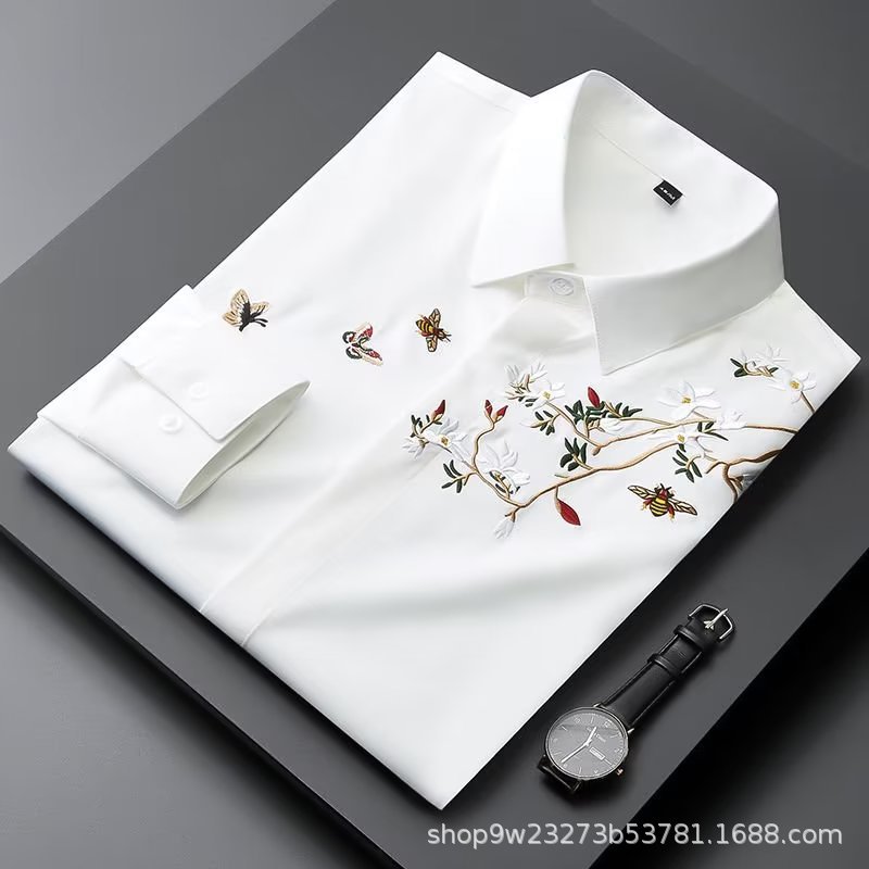 Chinese style embroidered white shirt men's long-sleeved autumn iron-free slim trend shirt casual shirt